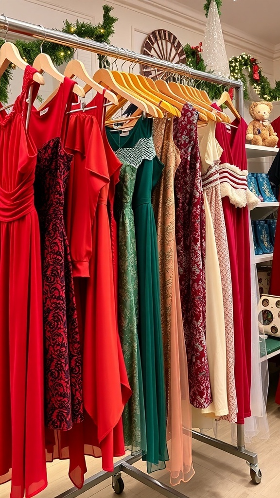 A collection of colorful Christmas dresses on a rack with holiday decorations in the background.